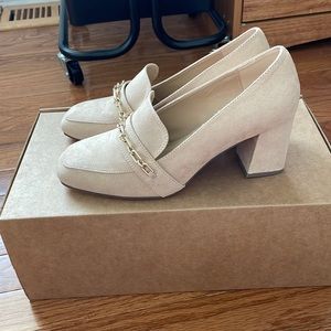 ASOS London Rebel chain detail heeled loafers in beige